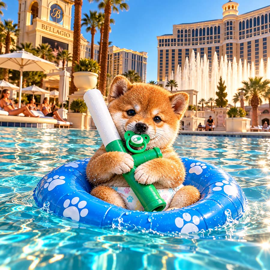 BabyBaton the Shiba puppy floating in a paw-print ring, holding a green baton and pacifier